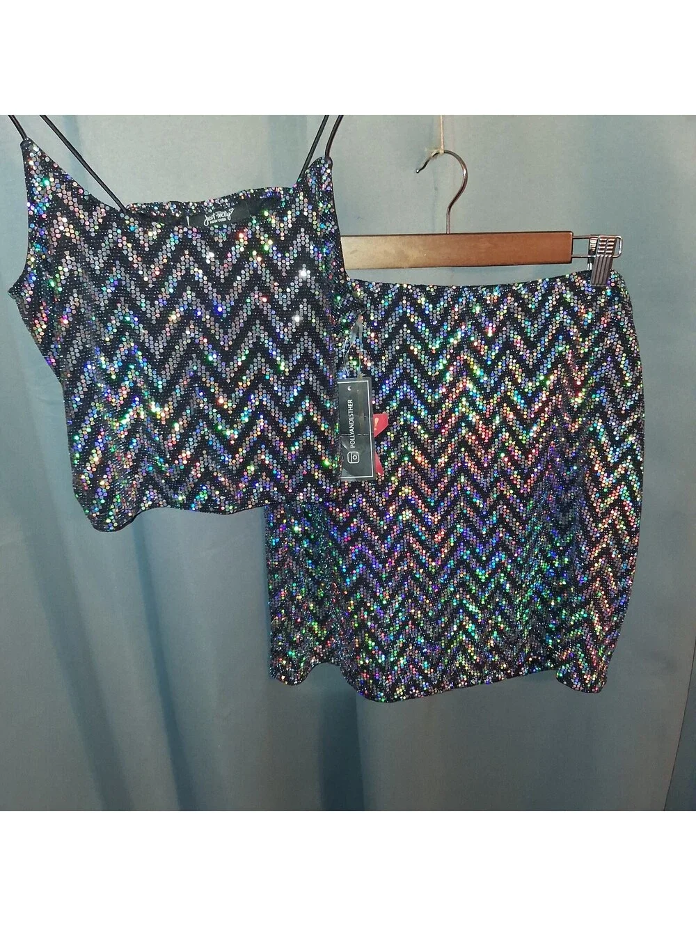 Just Polly New York XL Sequin Crop Top and Skirt Set